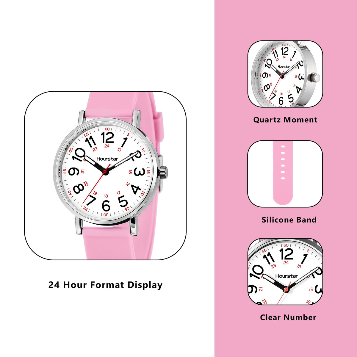 Women's Analog Nurse Watch with Second Hand for Nursing, 12/24 Time, Silicone Band, Easy Read