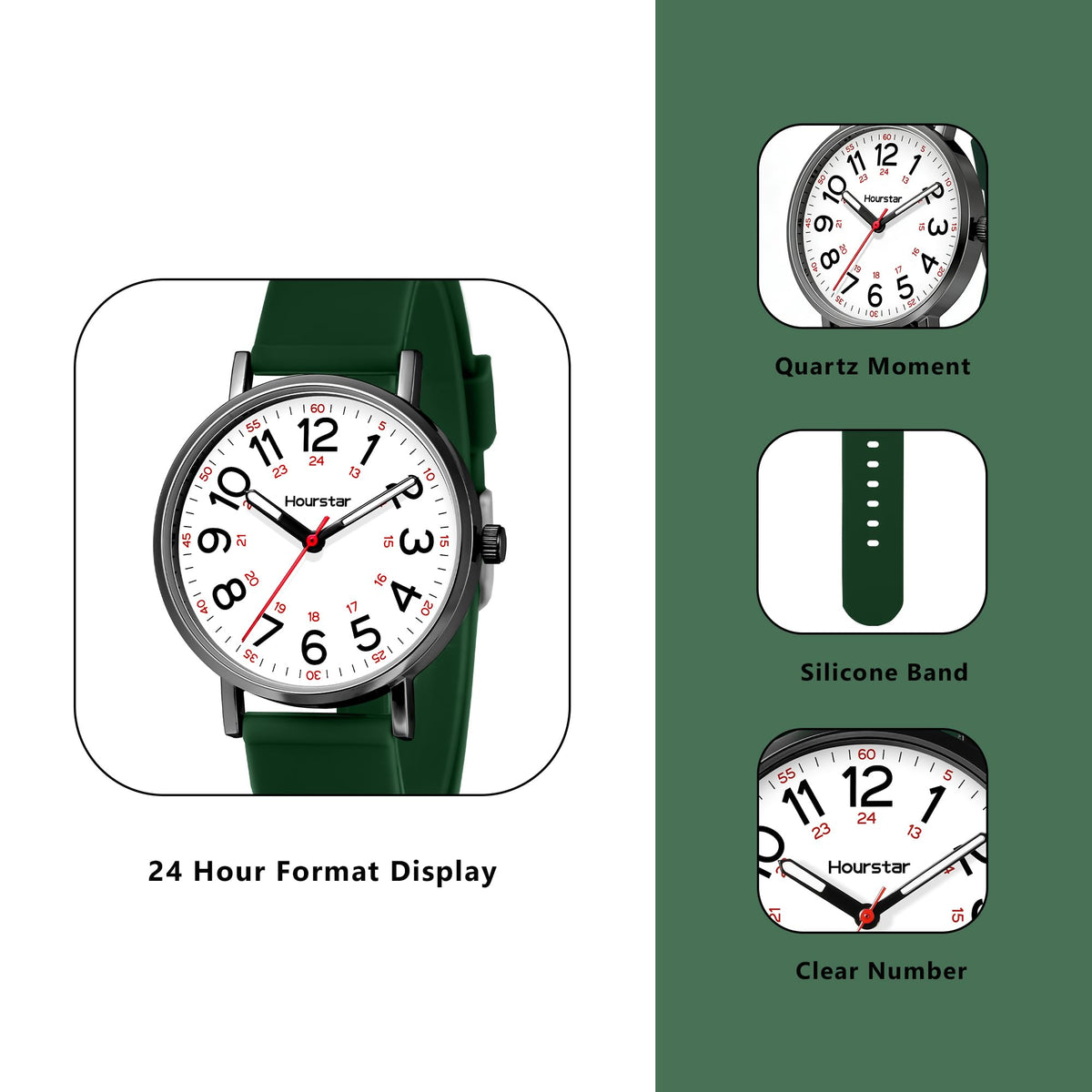 Women's Analog Nurse Watch with Second Hand for Nursing, 12/24 Time, Silicone Band, Easy Read