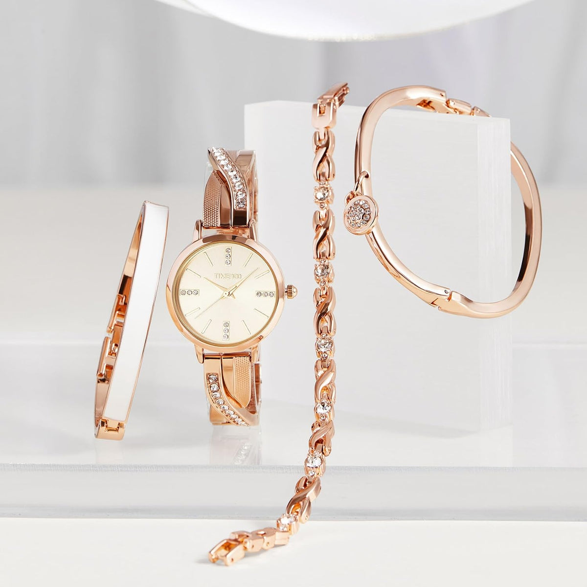 TIME100 Women's Bangle Watch and Gold Watch Chain Bracelets Premium Crystal Accented Bracelet Set W50888L