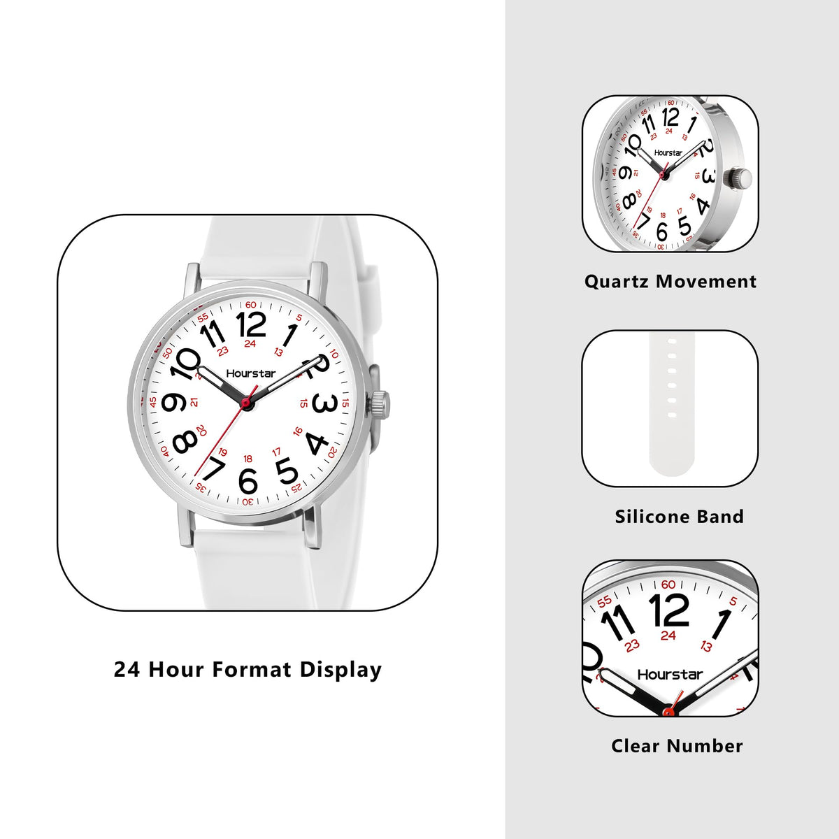 Women's Analog Nurse Watch with Second Hand for Nursing, 12/24 Time, Silicone Band, Easy Read