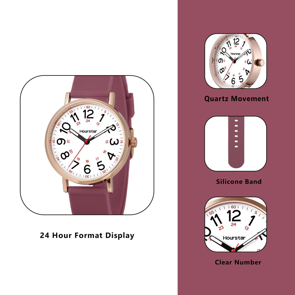 Women's Analog Nurse Watch with Second Hand for Nursing, 12/24 Time, Silicone Band, Easy Read