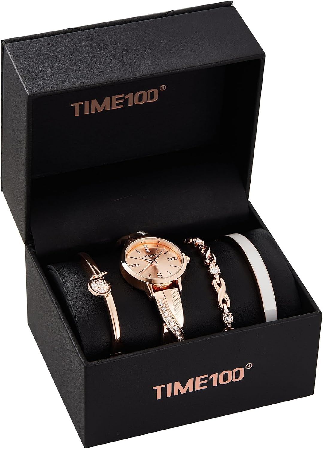 TIME100 Women's Bangle Watch and Gold Watch Chain Bracelets Premium Crystal Accented Bracelet Set W50888L
