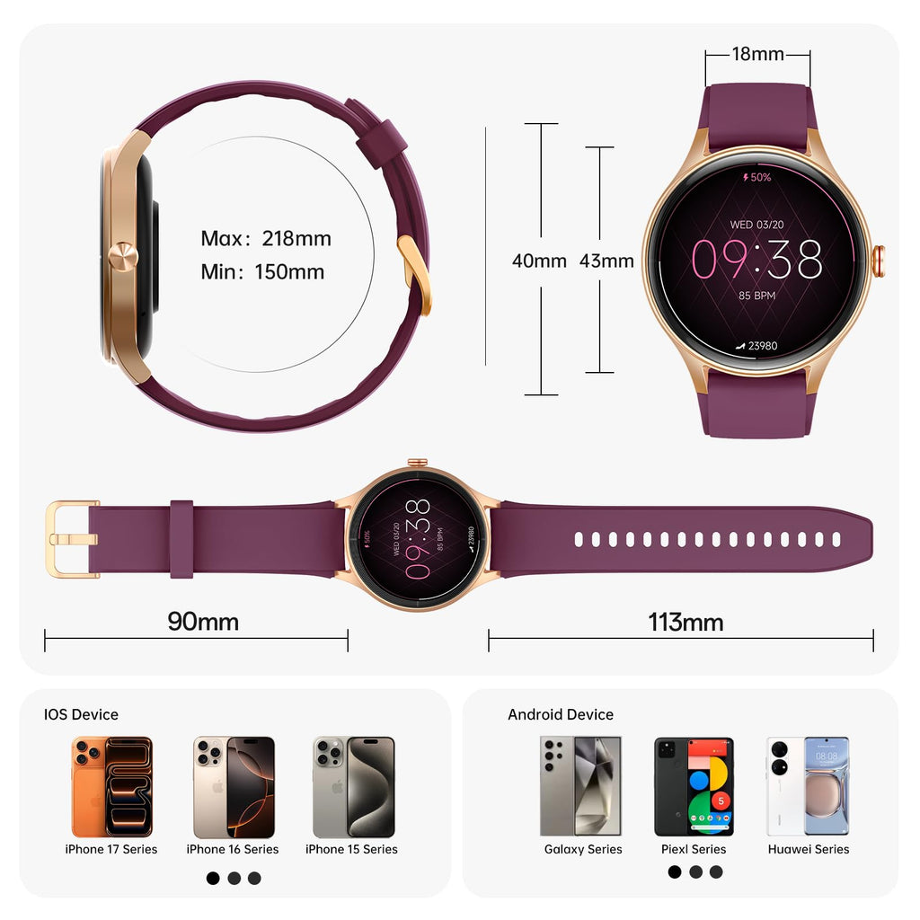 Woneligo Smart Watch for Women,1.57inch AMOLED Touchscreen Fitness Watch for iPhone & Android,Heart Rate/Sp02/Sleep Monitor,110+ Sport Modes IP68 Waterproof Bluetooth Calls,2 Bands (Pink, 1.57)