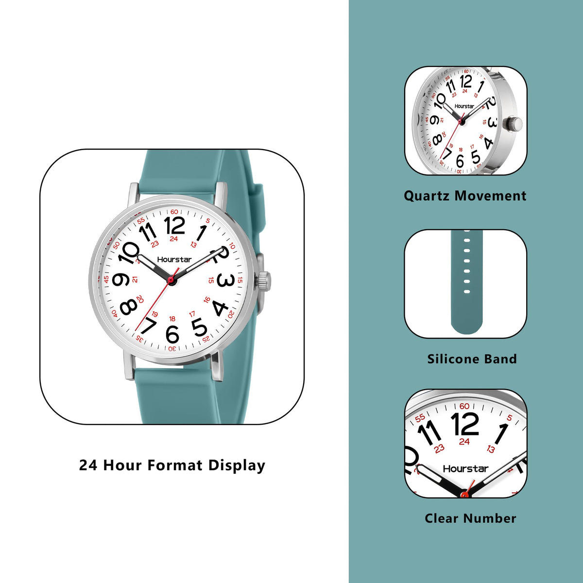 Women's Analog Nurse Watch with Second Hand for Nursing, 12/24 Time, Silicone Band, Easy Read