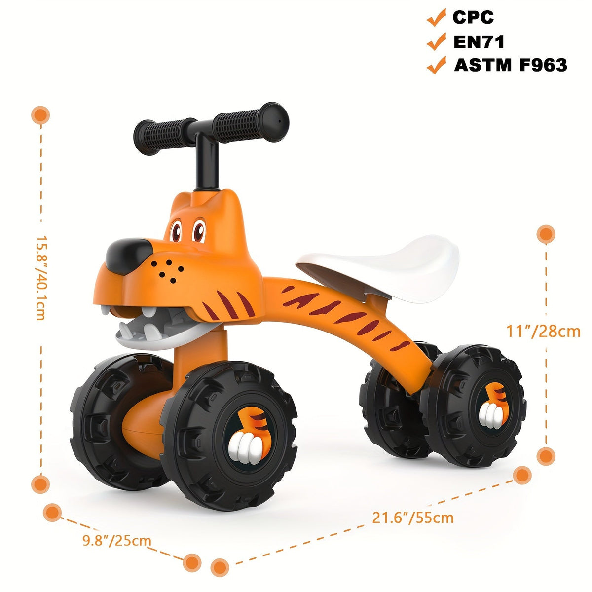 Toddler 4-Wheel Balance Bike (12–24 Months) — Tiger Design, 9 in Wide All-Terrain Wheels, Safety Belt, Non-Toxic No-Pedal Ride-On, Easy Assembly