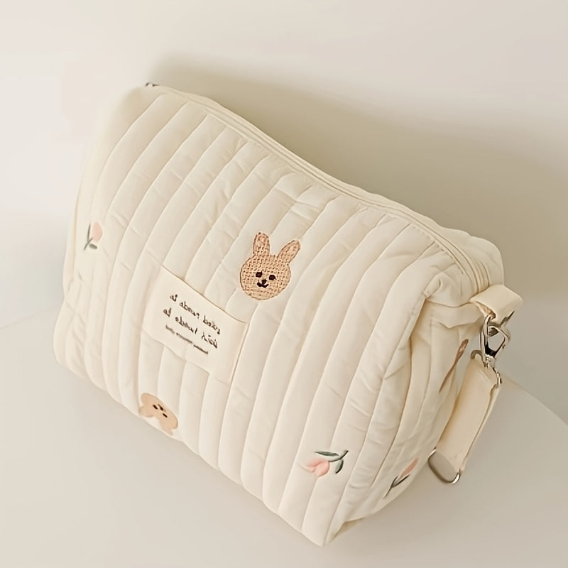 Adorable Quilted Diaper Bag with Bunny & Floral Embroidery – Portable Reusable Nappy Caddy Organizer for Wet/Dry Use, Ideal for Strollers and Small Diaper Bags