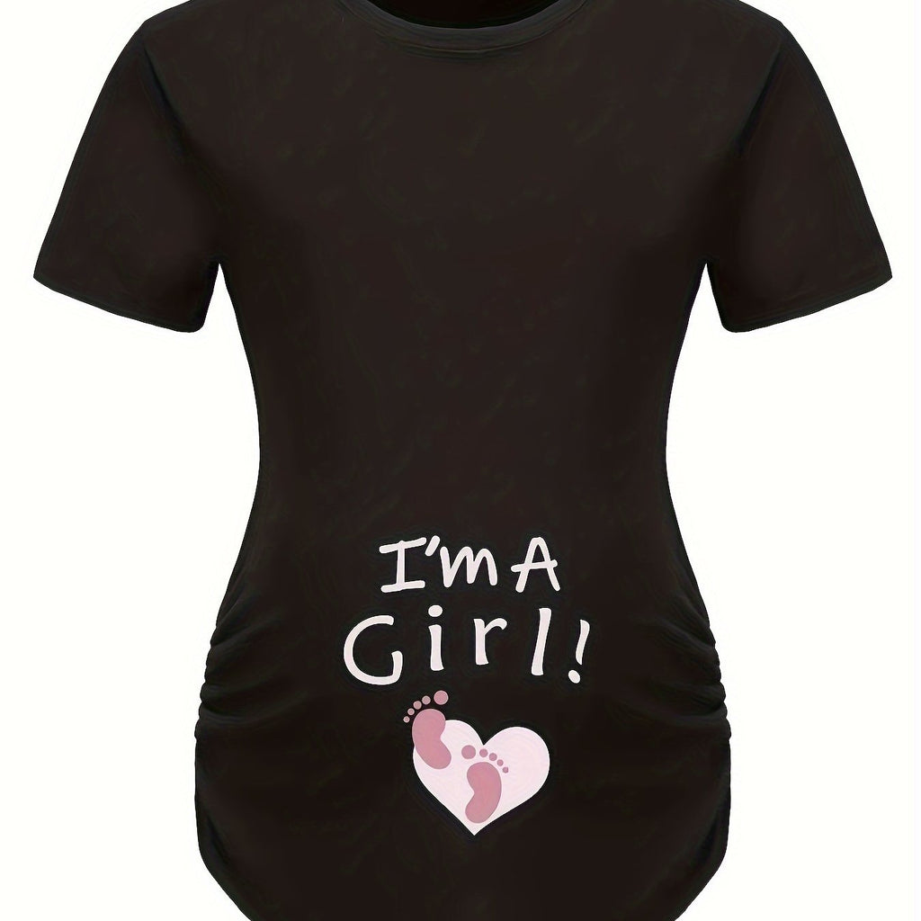 Women's Maternity Casual "I'm A GIRL" Foot Heart Graphic Short Sleeve Slim Fit T-shirt Top for Summer