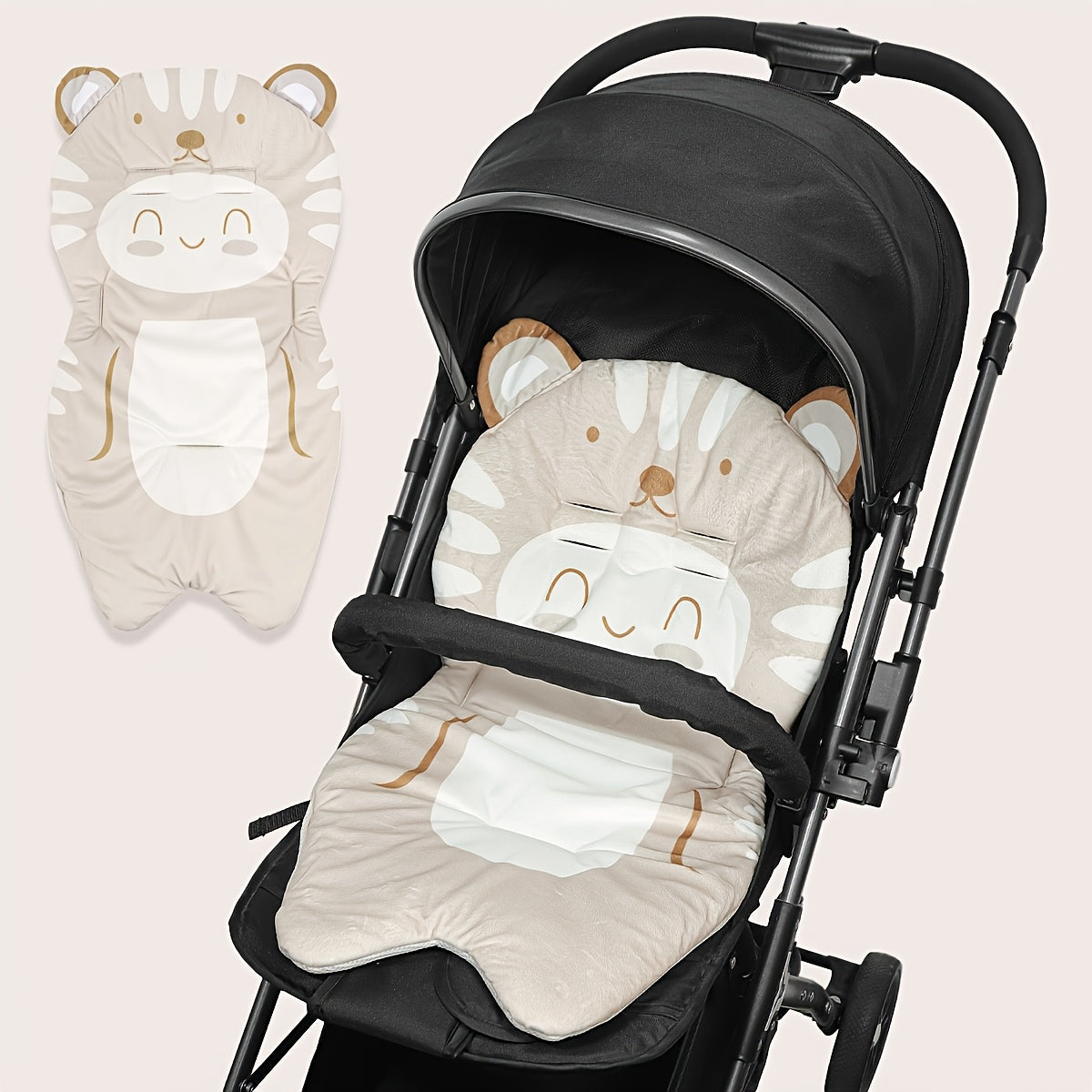 Stroller Seat Cushion with Cute Lion Face – Soft Breathable Car-Seat Style Insert, Universal Fit for Travel Strollers, Grey