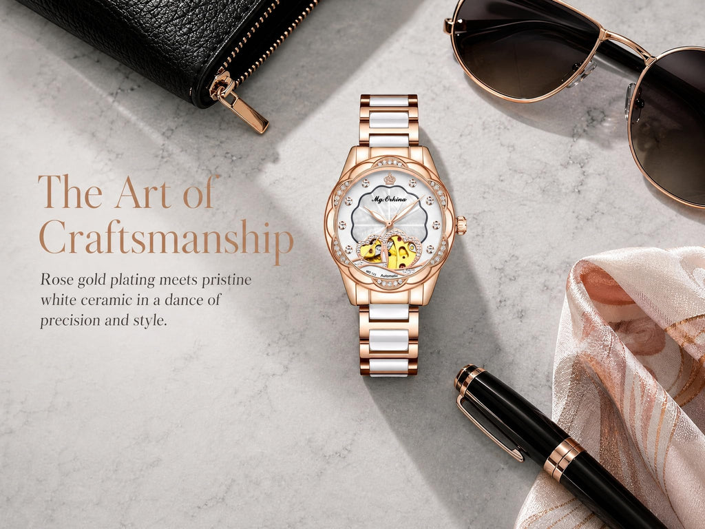 Vetra Women Watches Automatic Luxury Diamond Dress Ladies Watch Fashion Waterproof Ceramic Strap Rose Gold Self Winding Female Wrist Watch
