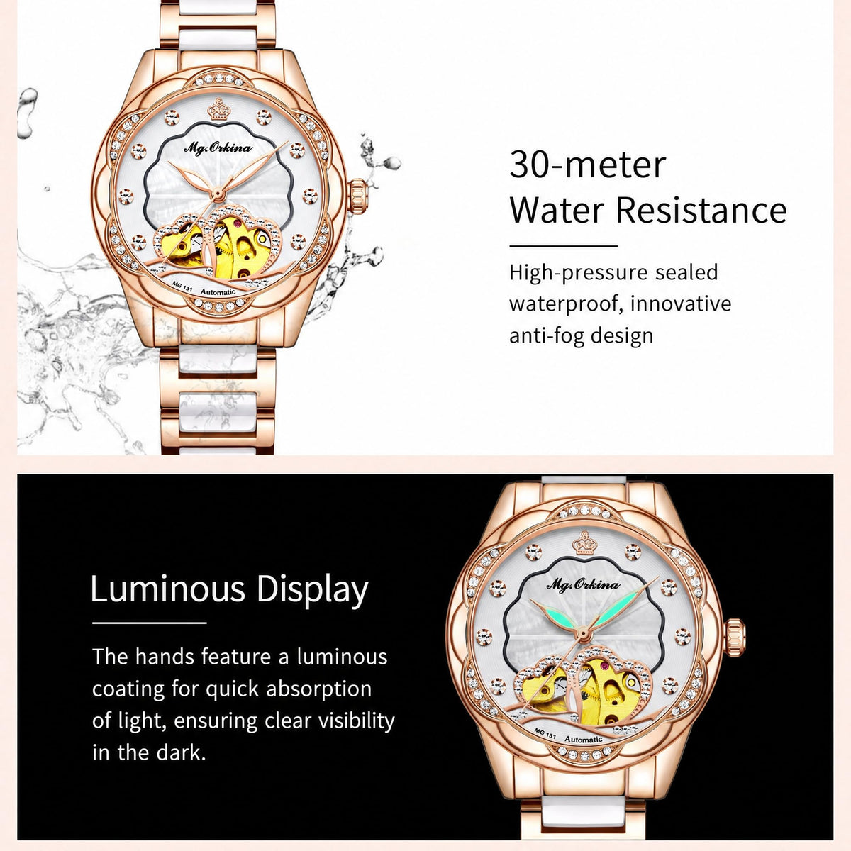 Vetra Women Watches Automatic Luxury Diamond Dress Ladies Watch Fashion Waterproof Ceramic Strap Rose Gold Self Winding Female Wrist Watch