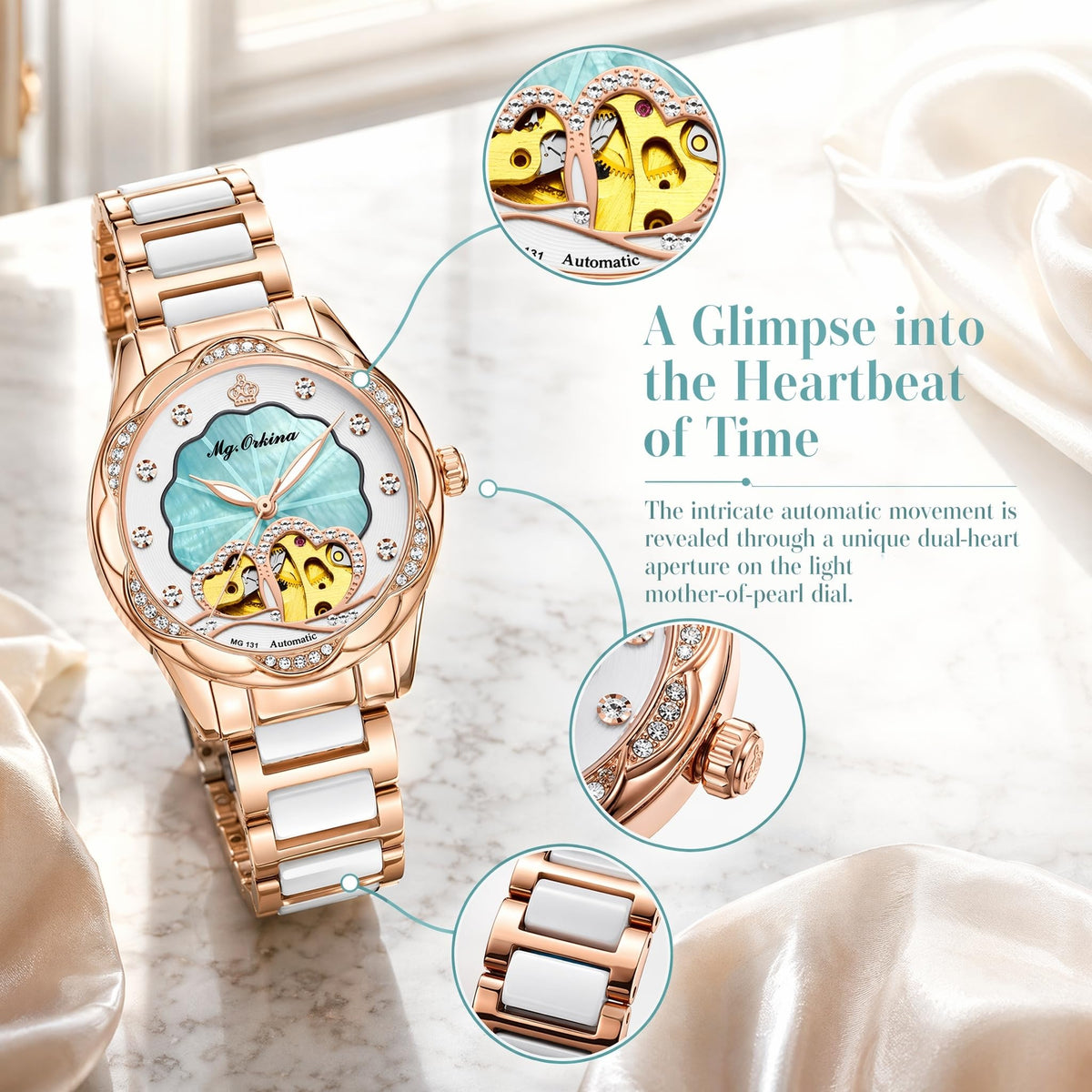 Vetra Women Watches Automatic Luxury Diamond Dress Ladies Watch Fashion Waterproof Ceramic Strap Rose Gold Self Winding Female Wrist Watch