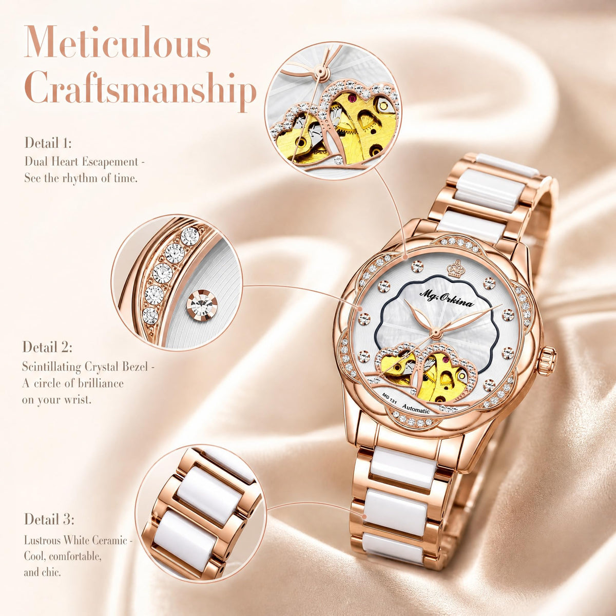 Vetra Women Watches Automatic Luxury Diamond Dress Ladies Watch Fashion Waterproof Ceramic Strap Rose Gold Self Winding Female Wrist Watch