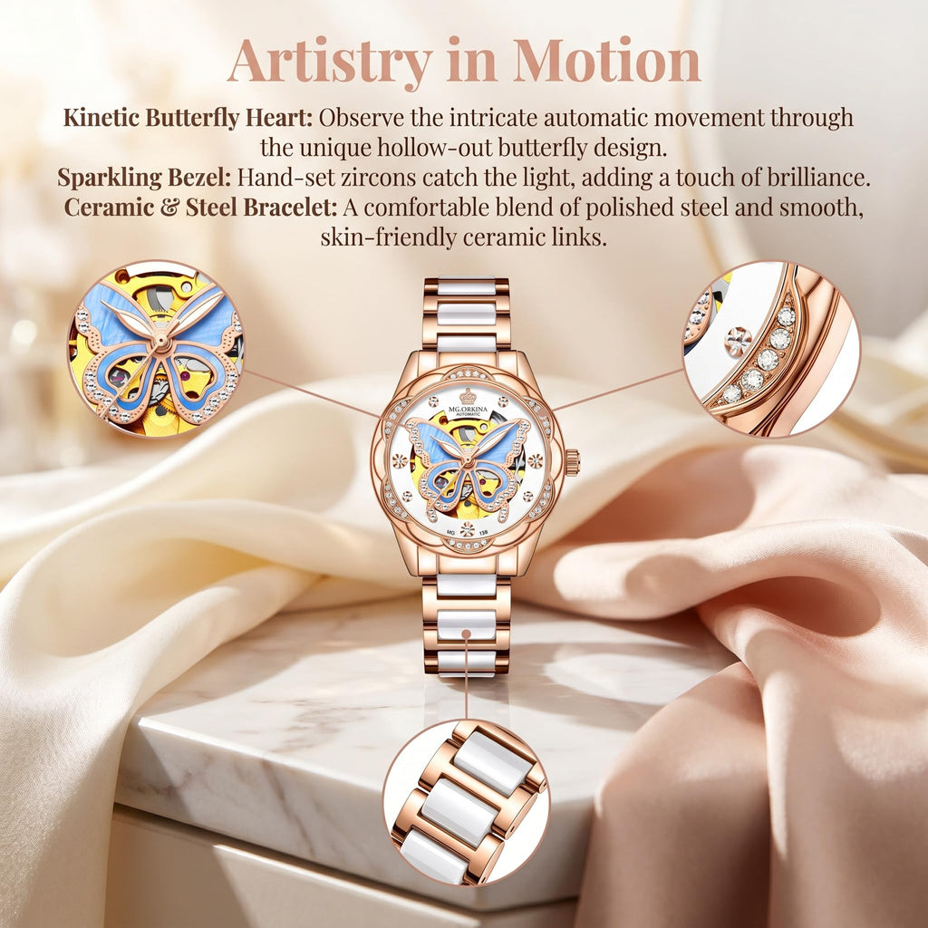 Vetra Women Watches Automatic Luxury Diamond Dress Ladies Watch Fashion Waterproof Ceramic Strap Rose Gold Self Winding Female Wrist Watch