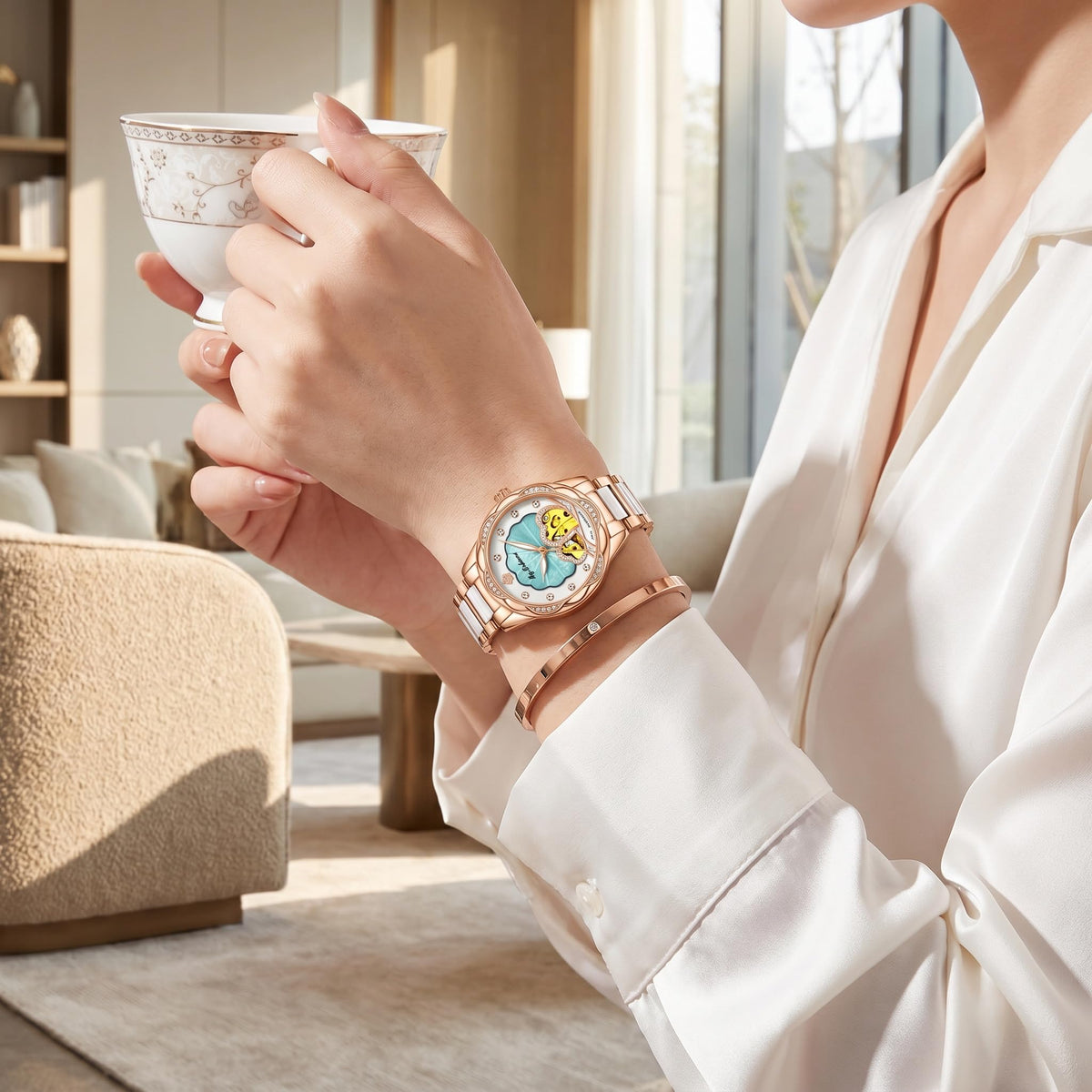 Vetra Women Watches Automatic Luxury Diamond Dress Ladies Watch Fashion Waterproof Ceramic Strap Rose Gold Self Winding Female Wrist Watch