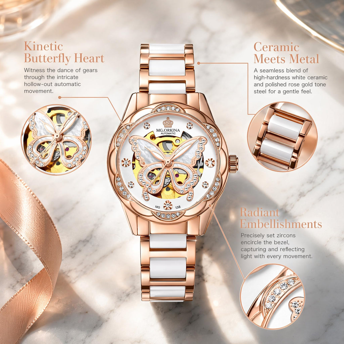 Vetra Women Watches Automatic Luxury Diamond Dress Ladies Watch Fashion Waterproof Ceramic Strap Rose Gold Self Winding Female Wrist Watch