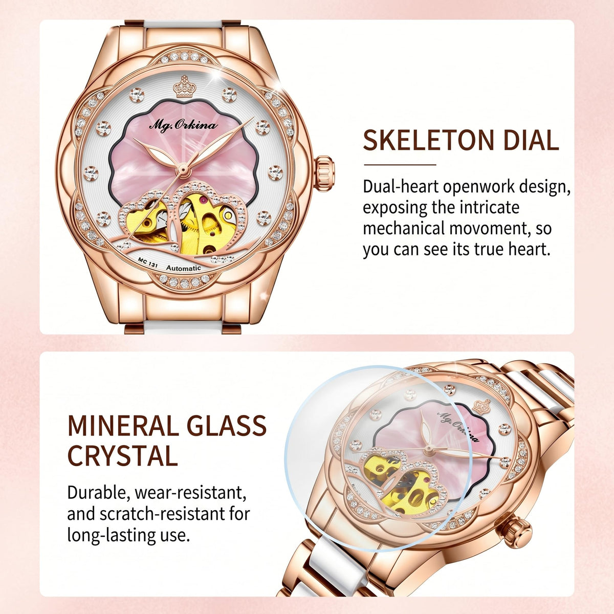 Vetra Women Watches Automatic Luxury Diamond Dress Ladies Watch Fashion Waterproof Ceramic Strap Rose Gold Self Winding Female Wrist Watch