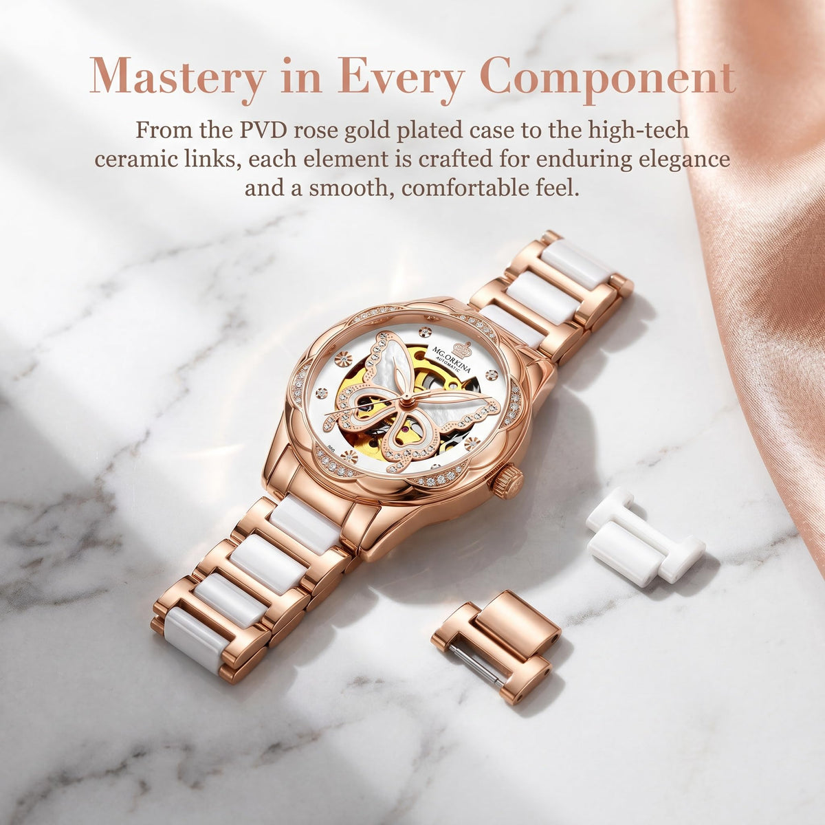 Vetra Women Watches Automatic Luxury Diamond Dress Ladies Watch Fashion Waterproof Ceramic Strap Rose Gold Self Winding Female Wrist Watch