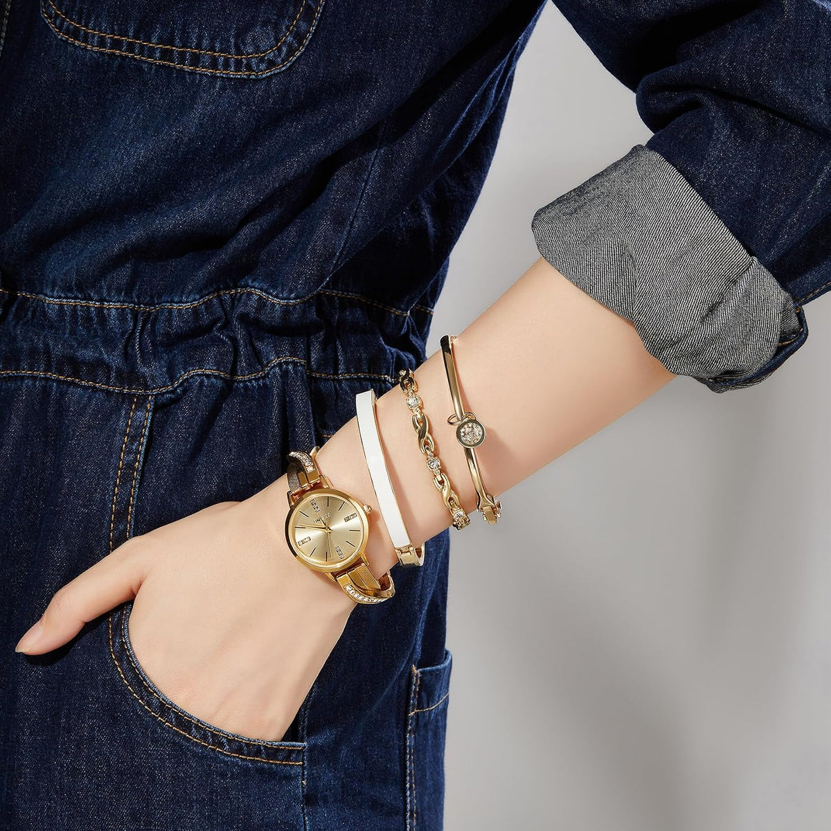 TIME100 Women's Bangle Watch and Gold Watch Chain Bracelets Premium Crystal Accented Bracelet Set W50888L