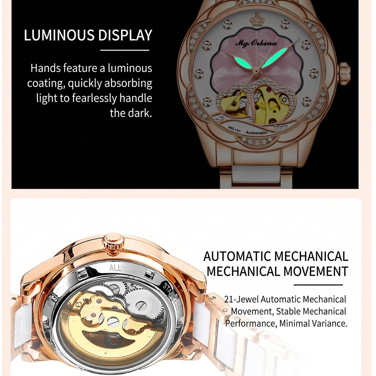 Vetra Women Watches Automatic Luxury Diamond Dress Ladies Watch Fashion Waterproof Ceramic Strap Rose Gold Self Winding Female Wrist Watch