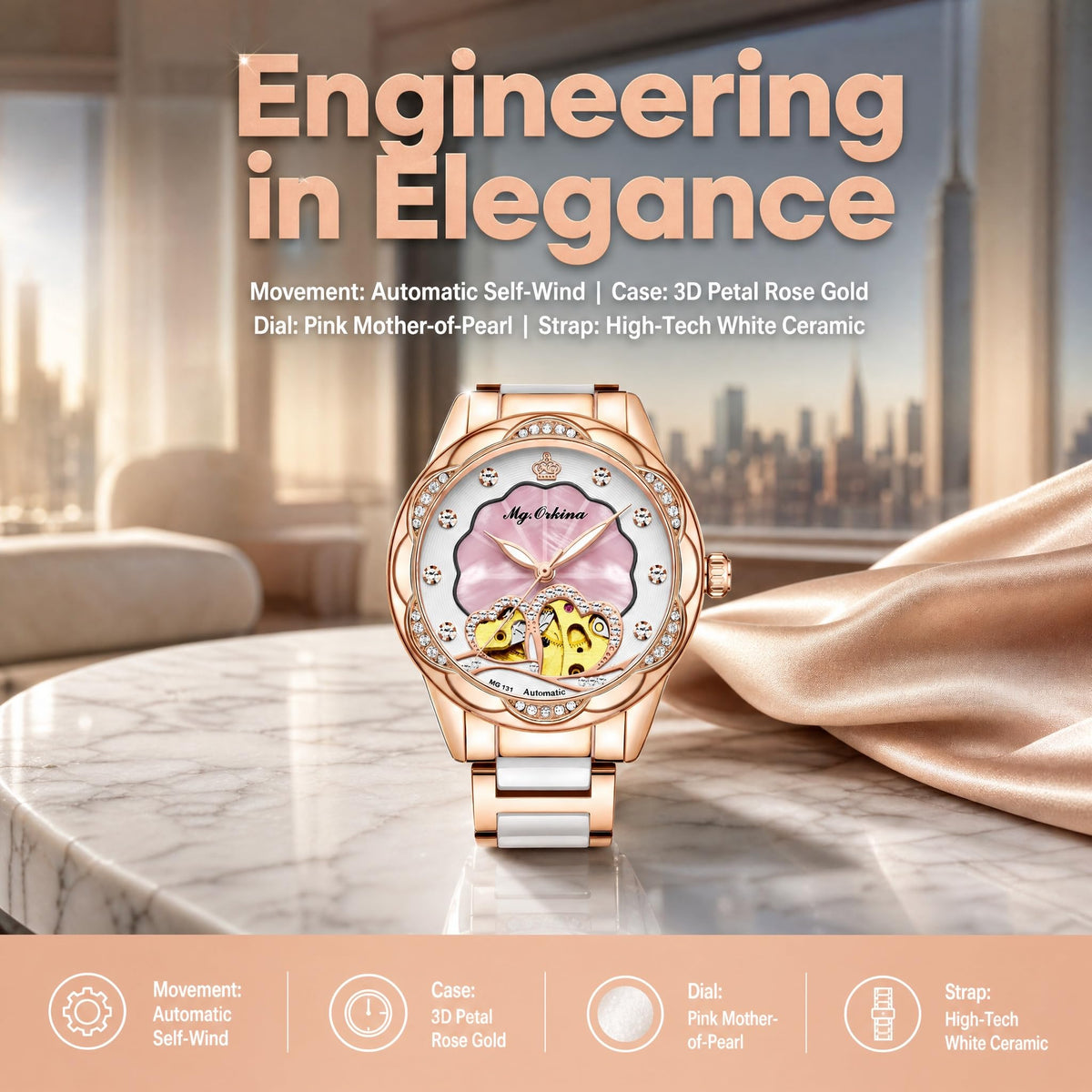 Vetra Women Watches Automatic Luxury Diamond Dress Ladies Watch Fashion Waterproof Ceramic Strap Rose Gold Self Winding Female Wrist Watch