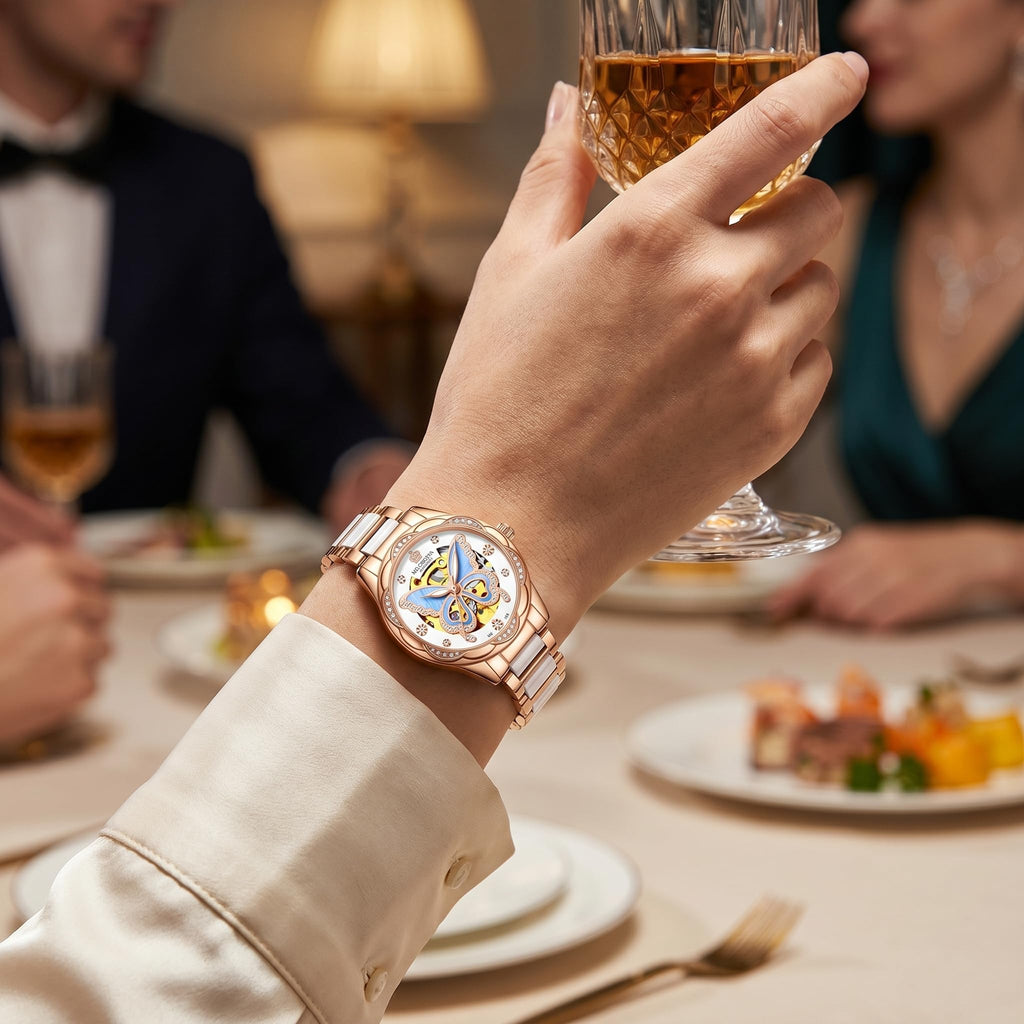 Vetra Women Watches Automatic Luxury Diamond Dress Ladies Watch Fashion Waterproof Ceramic Strap Rose Gold Self Winding Female Wrist Watch