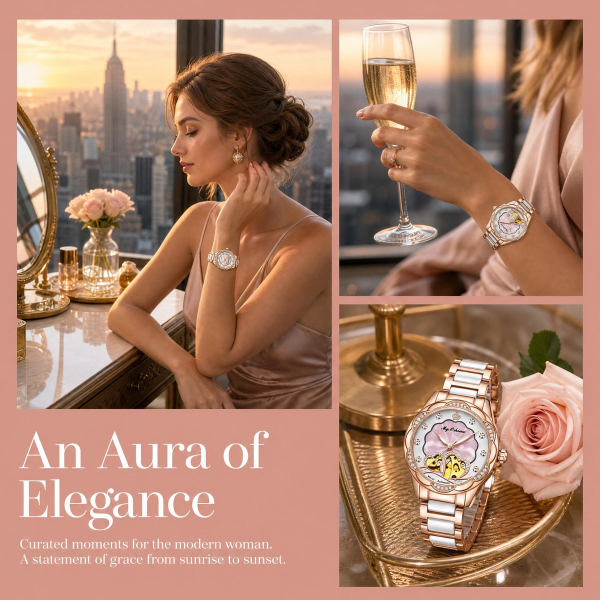 Vetra Women Watches Automatic Luxury Diamond Dress Ladies Watch Fashion Waterproof Ceramic Strap Rose Gold Self Winding Female Wrist Watch