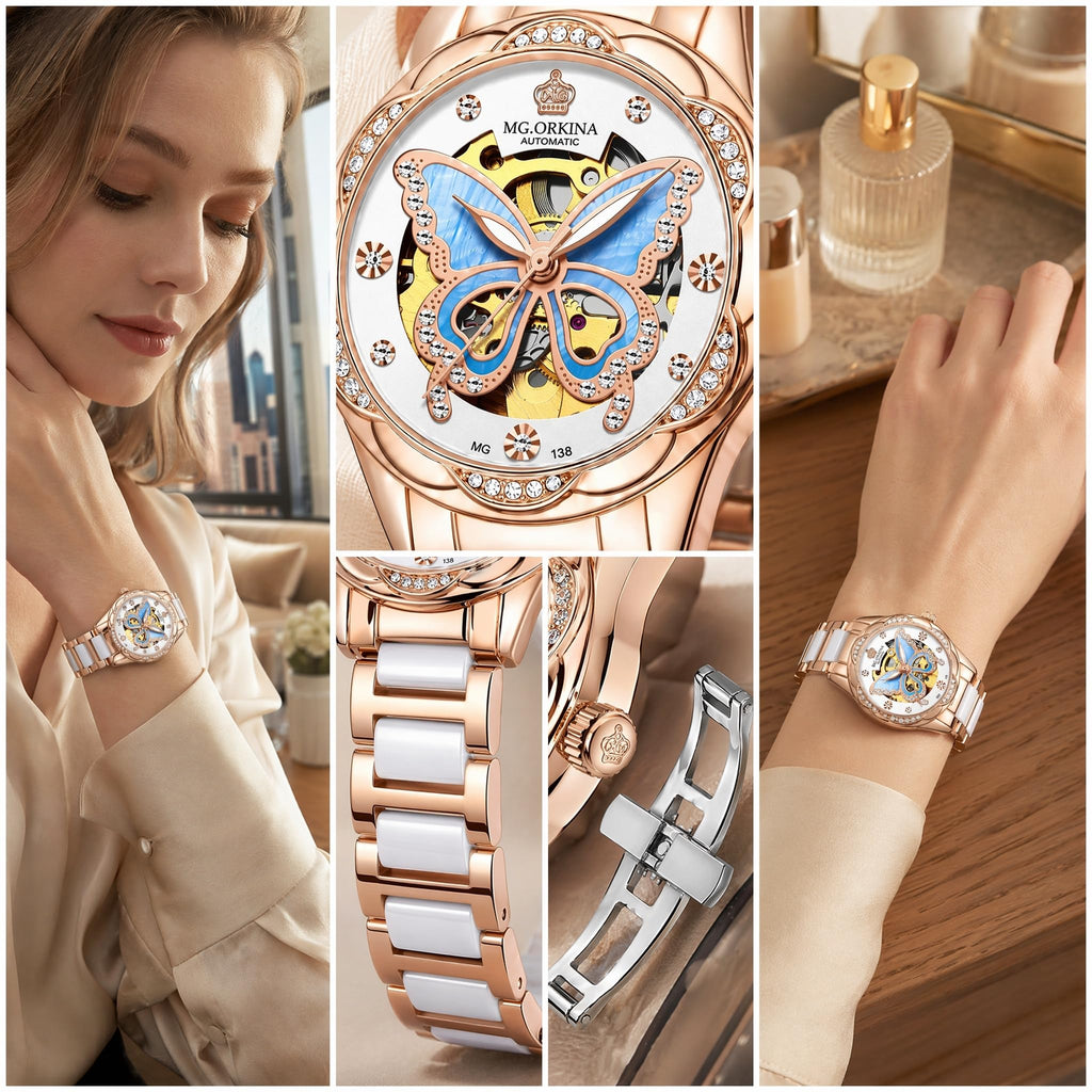 Vetra Women Watches Automatic Luxury Diamond Dress Ladies Watch Fashion Waterproof Ceramic Strap Rose Gold Self Winding Female Wrist Watch