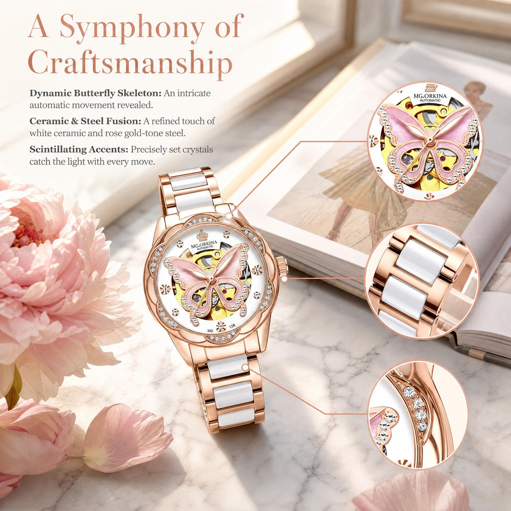Vetra Women Watches Automatic Luxury Diamond Dress Ladies Watch Fashion Waterproof Ceramic Strap Rose Gold Self Winding Female Wrist Watch