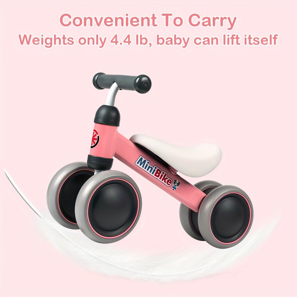 Toddler No-Pedal Balance Bike, 12-24 Months – 4 Silent EVA Wheels, Carbon Steel Frame, Pink | 1st Birthday Gift
