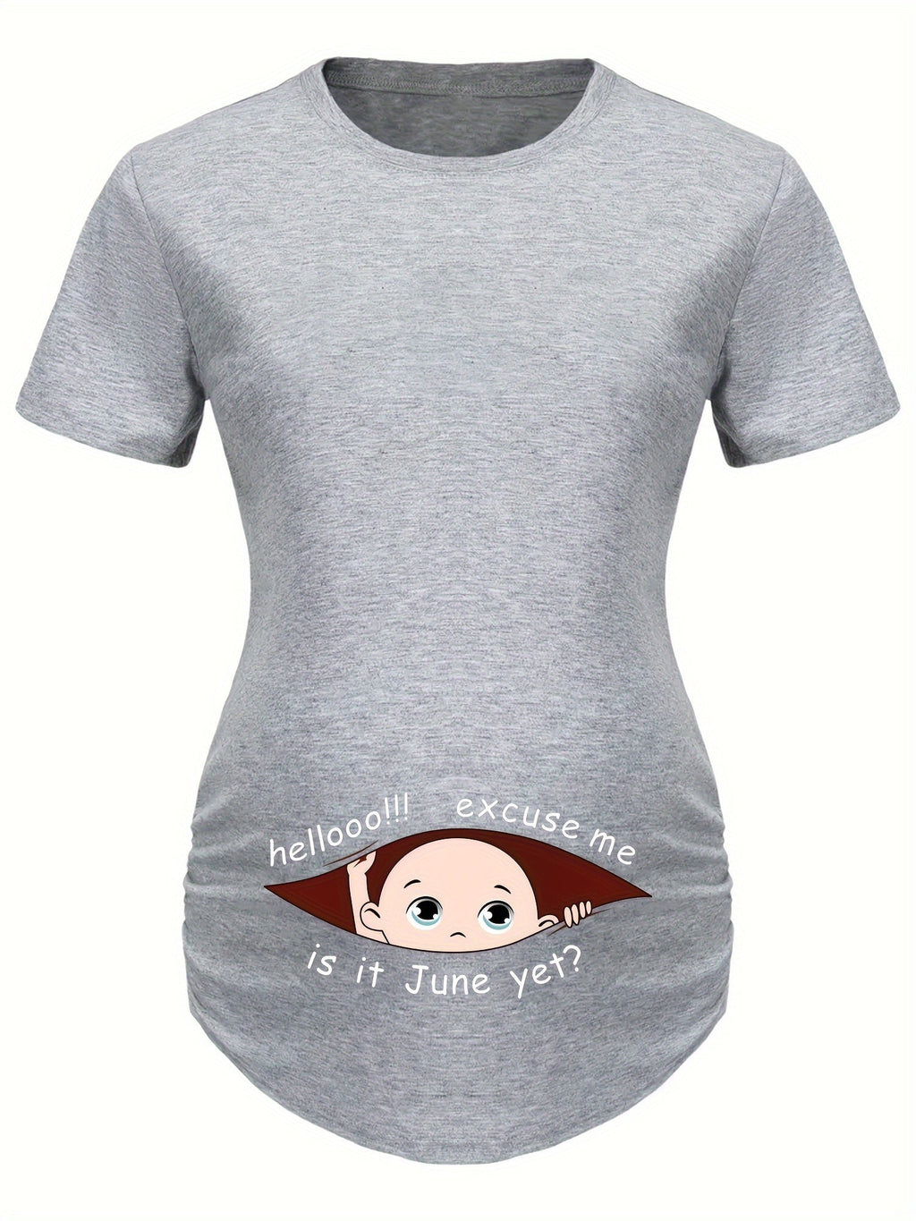 Hello Month & Cartoon Character Print Maternity T-Shirt, Round Neck Short Sleeve Pregnant Women's Top for Pregnancy Announcement - Comfortable Fit