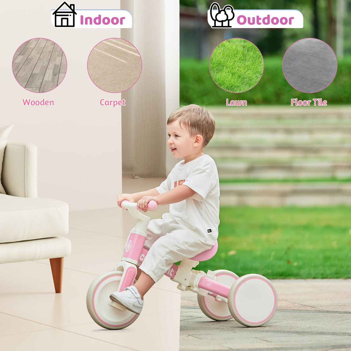 5-in-1 Convertible Baby Balance Bike & Trike with Parent Steering Handle, Detachable Foot Pedals — 4 All-Terrain Wheels, Cushioned Seat, Sturdy Frame — Pink & White, Ages 1-3