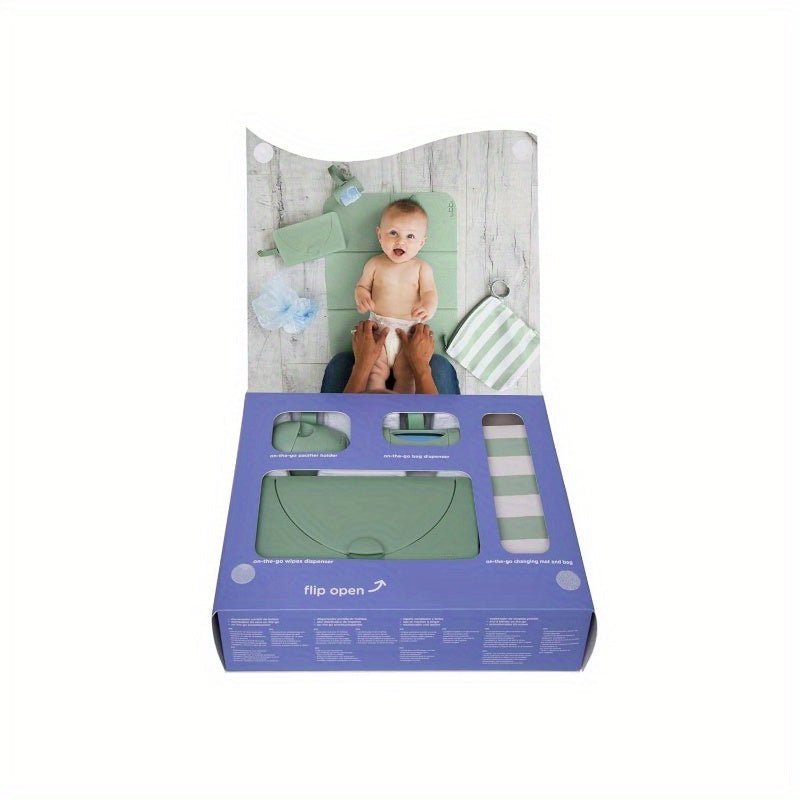 OnTheGo Travel Diapering Gift Set – Portable Changing Mat & Bag, Wipes Dispenser, Dual Pacifier Holder & Lavender Bag Dispenser, Sage