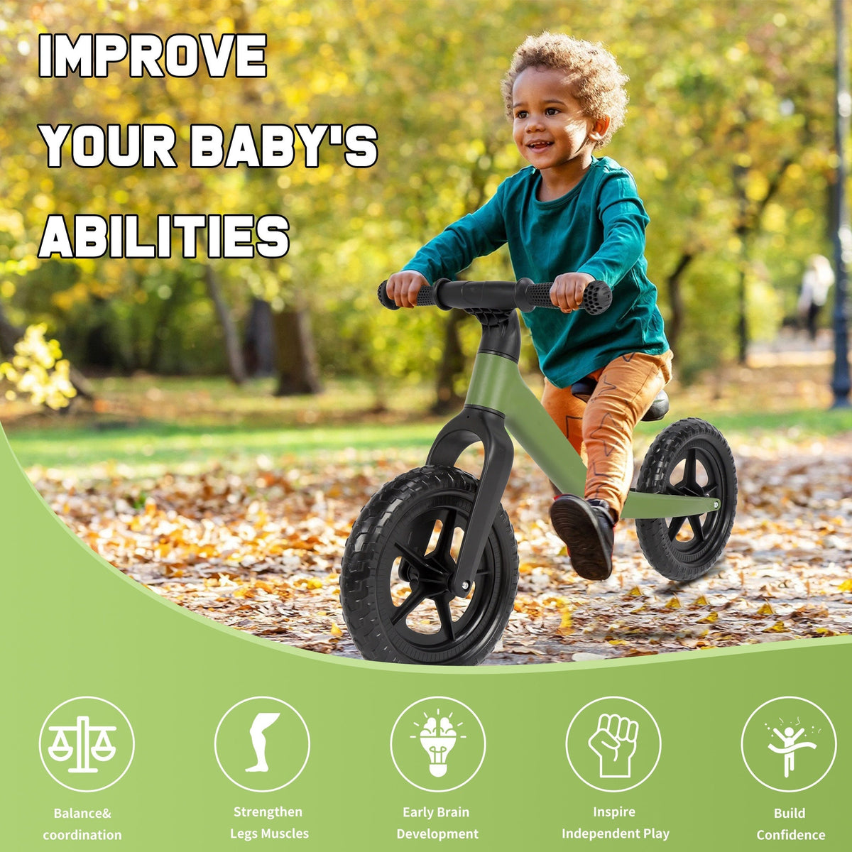 12-Inch (30 cm) Kids Balance Bike for 3+ Years — No-Pedal Toddler Training Bike, Lightweight Carbon Steel Frame, Adjustable Seat & U-Brake, 110 lb Capacity