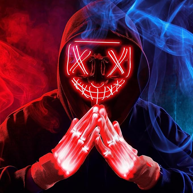 JOYIN Halloween Led Mask, Light Up Mask and Gloves for Cosplay Costume (Red), 3 Modes Scary Glow in The Dark Masks for Boys Girls Halloween Party Dress Up Accessories, Gifts Giving