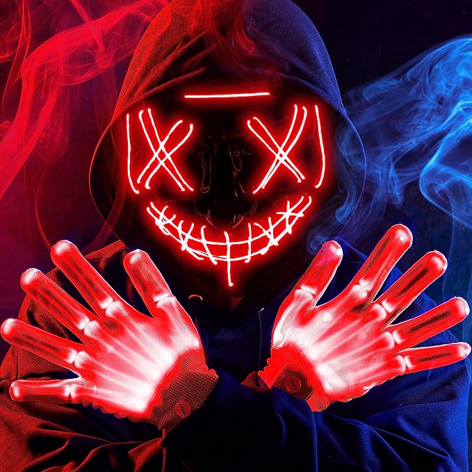 JOYIN Halloween Led Mask, Light Up Mask and Gloves for Cosplay Costume (Red), 3 Modes Scary Glow in The Dark Masks for Boys Girls Halloween Party Dress Up Accessories, Gifts Giving