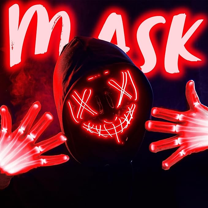 JOYIN Halloween Led Mask, Light Up Mask and Gloves for Cosplay Costume (Red), 3 Modes Scary Glow in The Dark Masks for Boys Girls Halloween Party Dress Up Accessories, Gifts Giving