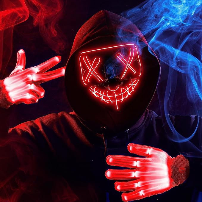 JOYIN Halloween Led Mask, Light Up Mask and Gloves for Cosplay Costume (Red), 3 Modes Scary Glow in The Dark Masks for Boys Girls Halloween Party Dress Up Accessories, Gifts Giving