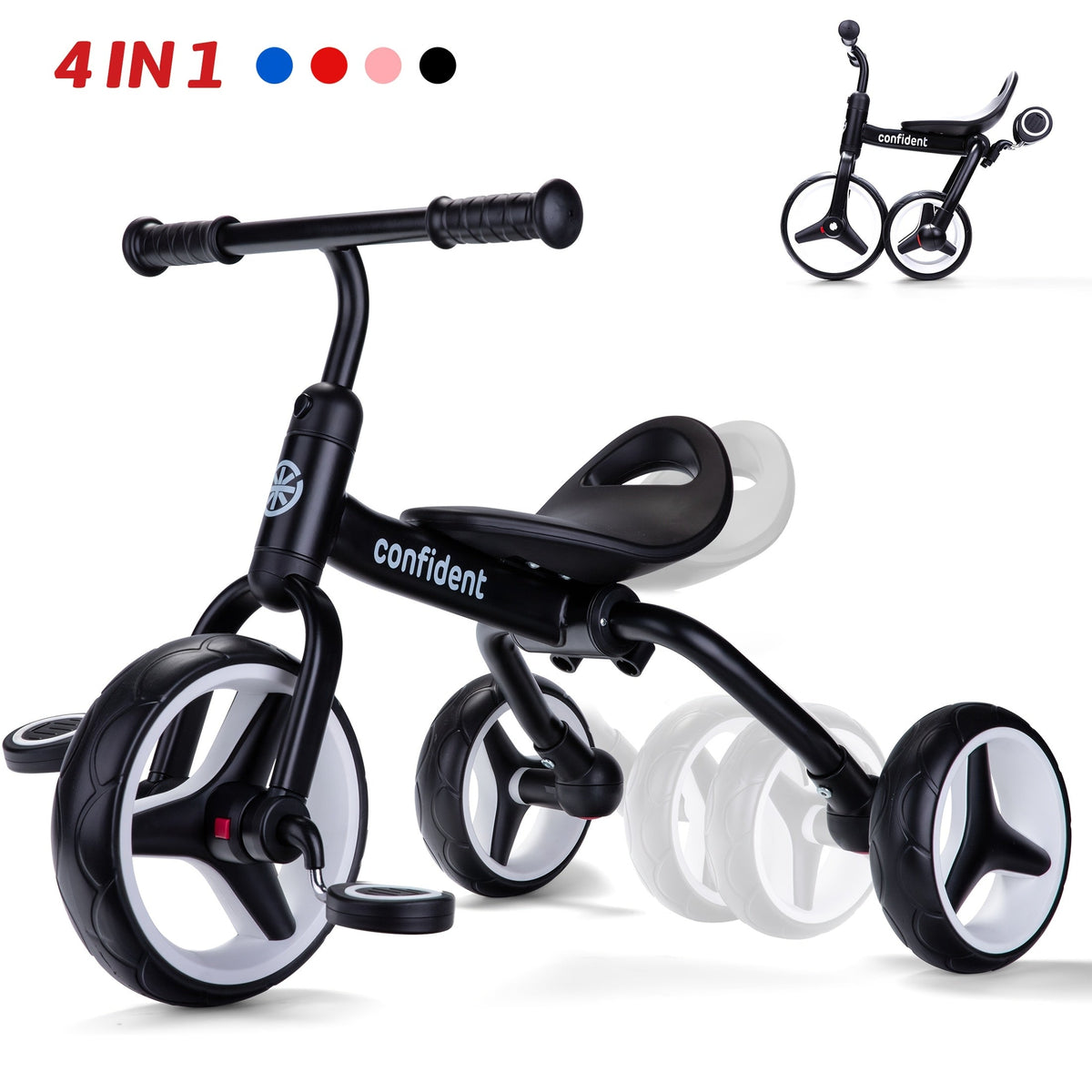 4-in-1 Toddler Tricycle & Balance Bike (Ages 2+) — Foldable with Removable Pedals, Training Wheels & Push Handle — Unisex Kids Ride-On