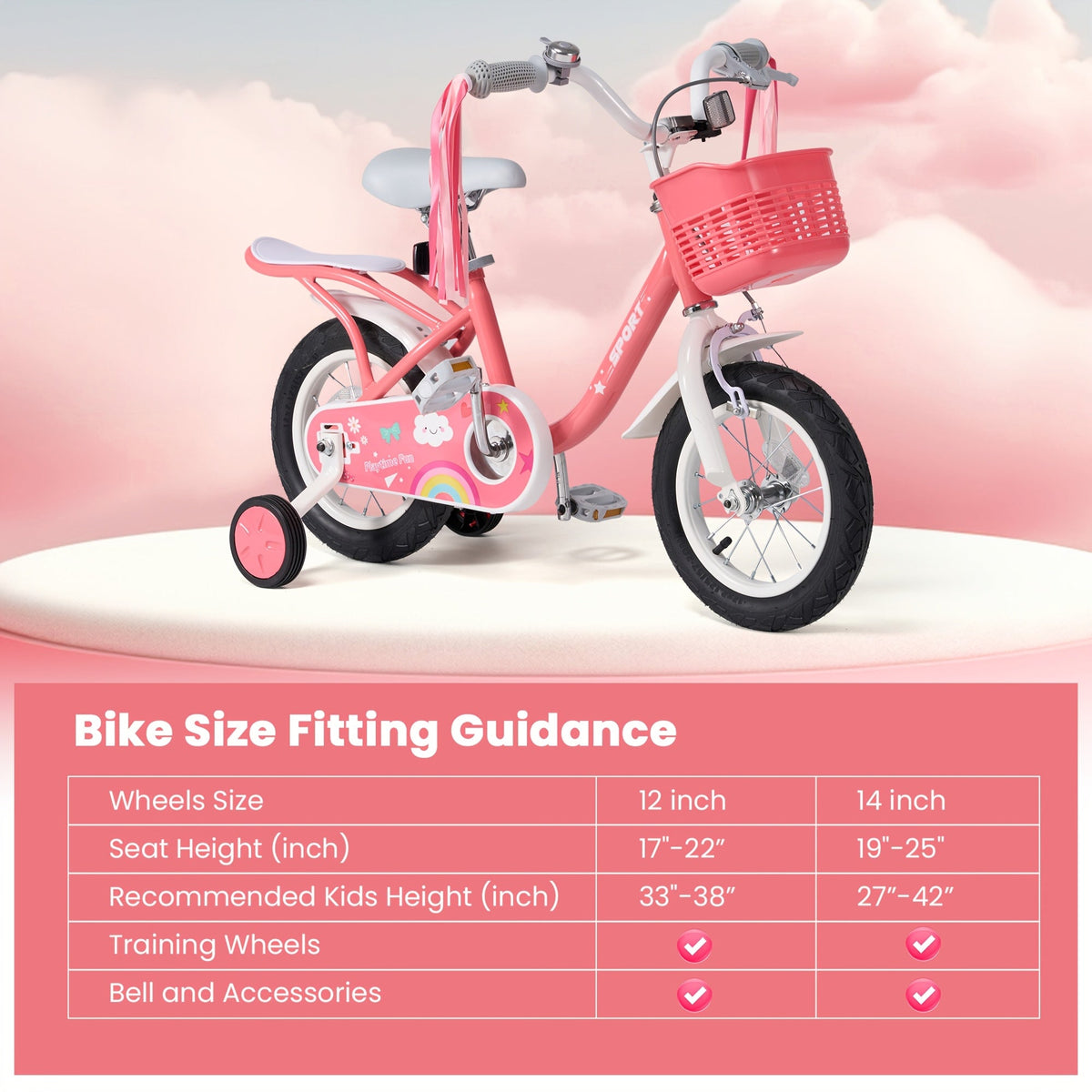 12-Inch Kids Bike with Training Wheels – Pink Bicycle for Ages 2-5 (33–45 in) – Girls & Boys Starter Bike