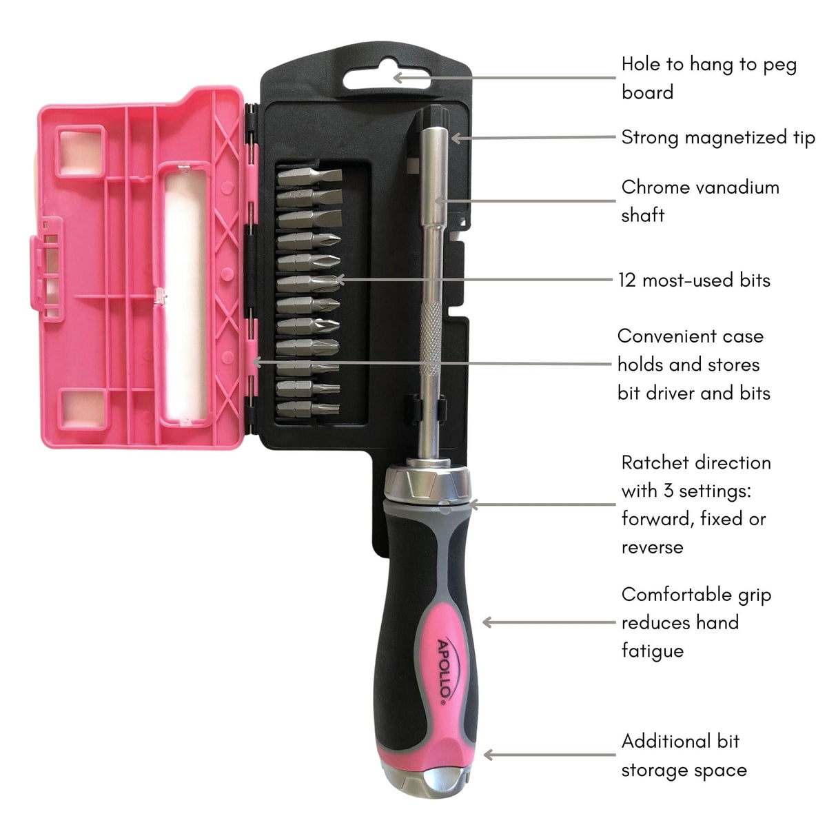 13-in-1 Ratcheting Screwdriver with Bit Set – Pink -- DT5021P