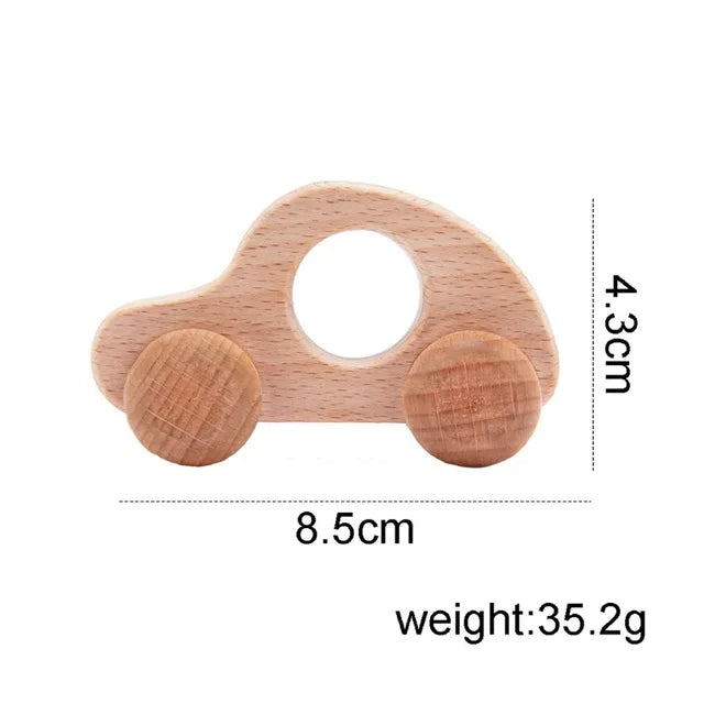 Beech Wood Car Teether – BPA-Free Wooden Baby Teething Toy, Montessori Cartoon Car, Eco-Friendly Baby Shower Gift