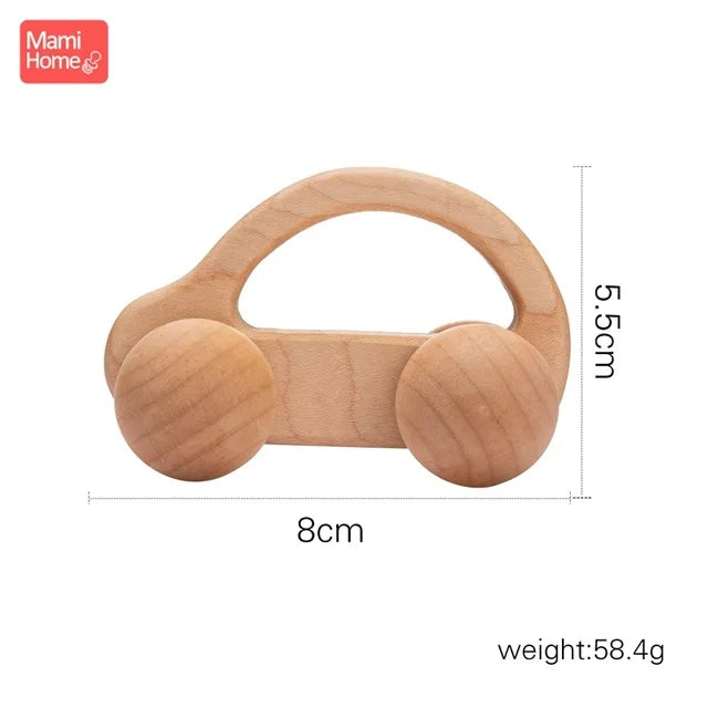 Beech Wood Car Teether – BPA-Free Wooden Baby Teething Toy, Montessori Cartoon Car, Eco-Friendly Baby Shower Gift
