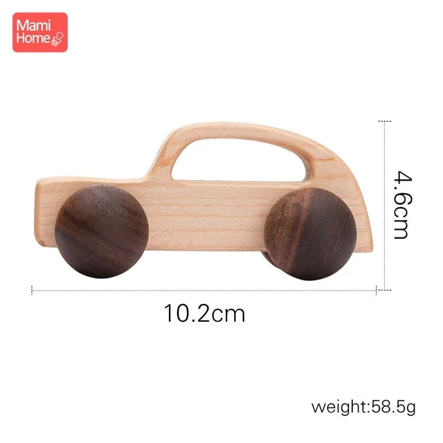 Beech Wood Car Teether – BPA-Free Wooden Baby Teething Toy, Montessori Cartoon Car, Eco-Friendly Baby Shower Gift