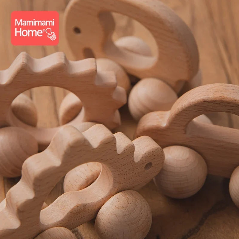 Beech Wood Car Teether – BPA-Free Wooden Baby Teething Toy, Montessori Cartoon Car, Eco-Friendly Baby Shower Gift