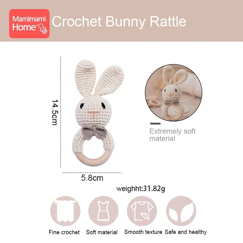 1Pc Baby Teether Wooden Crochet Rattle Toy - BPA-Free Wood Rodent Rabbit Rattle, Baby Mobile Play Gym, Newborn Educational Toy Gift