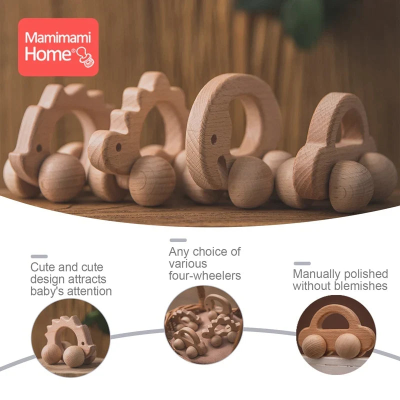 Beech Wood Car Teether – BPA-Free Wooden Baby Teething Toy, Montessori Cartoon Car, Eco-Friendly Baby Shower Gift