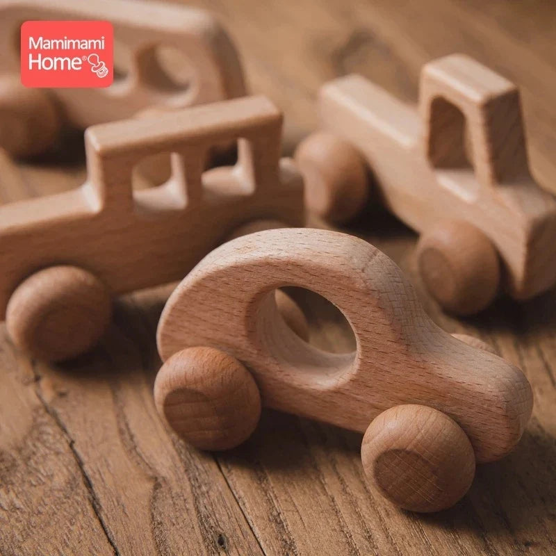 Beech Wood Car Teether – BPA-Free Wooden Baby Teething Toy, Montessori Cartoon Car, Eco-Friendly Baby Shower Gift