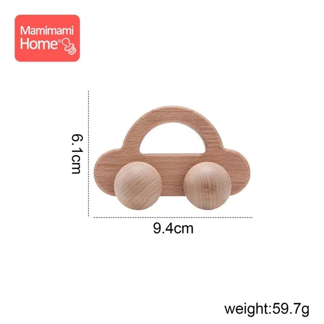 Beech Wood Car Teether – BPA-Free Wooden Baby Teething Toy, Montessori Cartoon Car, Eco-Friendly Baby Shower Gift
