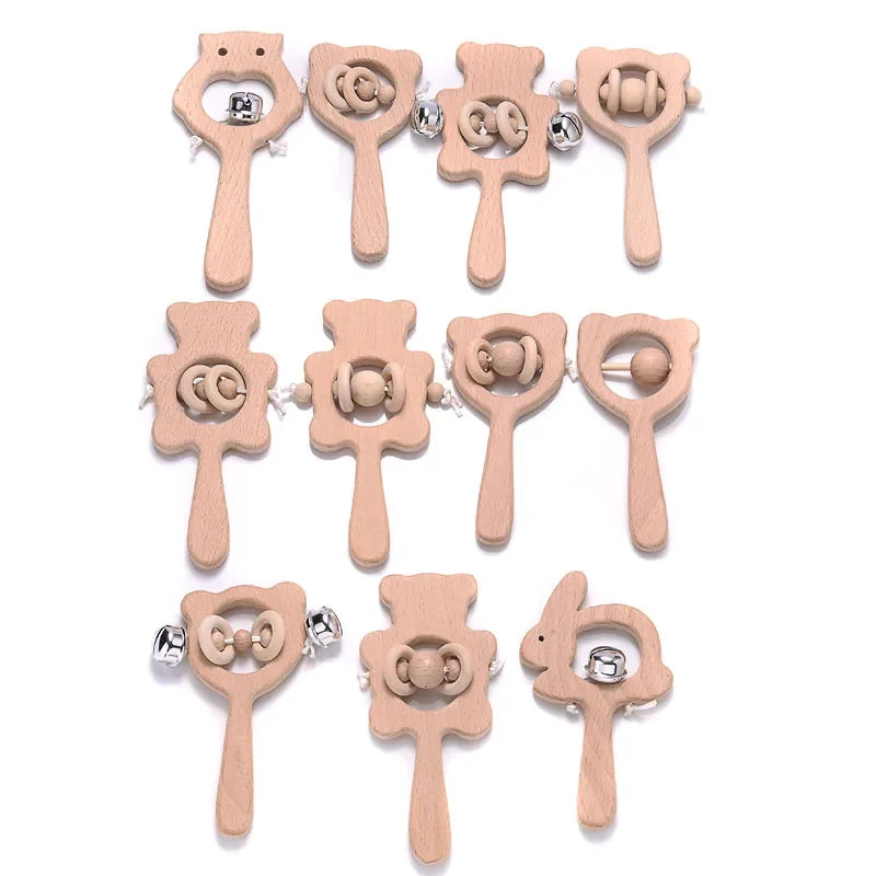 1-Pack Beech Wood Baby Teether - Wooden Animal Ring Nursing Pendant Rattle Chew Toy Rabbit Owl