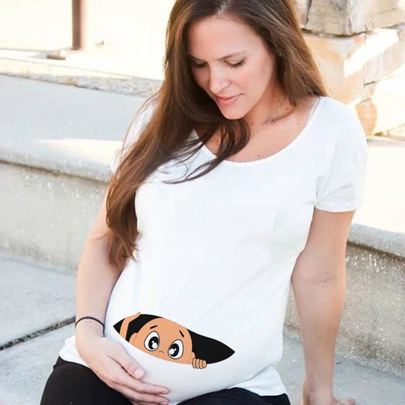 Baby Peeking Maternity T-shirt Funny Zip Print Trendy Mom Plus Size Summer Fashion Pregnant Woman Pregnancy Tees